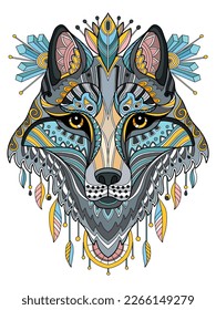 Cabeza de lobo abstracta acercada con elementos de garabato enmarañado. Ilustración de color vectorial aislada en fondo blanco. Diseño, impresión, decoración, tatuaje, camiseta, rompecabezas, póster, porcelana, pegatinas