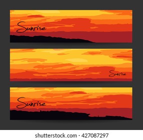 Abstract header or banner set. Creative design. Sunrise sunset banners. Vector. Isolated. Summer time wallpaper, summer fun, summer party, summer background, summer image.