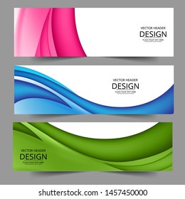 Abstract header blue green pink wave vector design. Abstract swoosh background. Abstract corporate business banner web template, horizontal advertising.