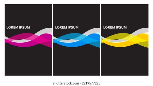 Abstract header blue pink yellow wave on black background. Template set. Vector illustration