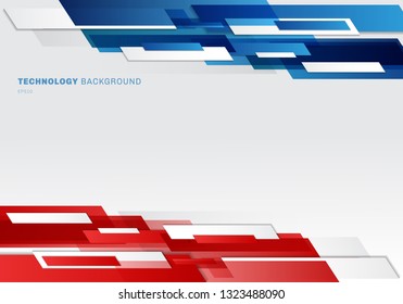 Abstract header blue, red and white shiny geometric shapes overlapping moving technology futuristic style presentation background with copy space. Vector illustration