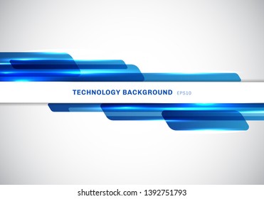 Abstract header blue shiny geometric shapes overlapping moving technology futuristic style presentation on white background with copy space. Vector illustration