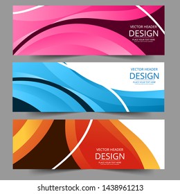 Abstract header colors gradient wave vector design. Abstract swoosh background. Abstract corporate business banner web template, horizontal advertising business banner layout template flat design set.