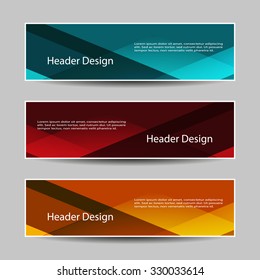 Abstract Header Design or Banner Set – Horizontal Teal, Red, and Orange Designs with Geometric Overlays and Sample Text. A set of three horizontal header banners featuring abstract geometric overlays and translucent shapes in distinct color schemes. The top banner blends teal and dark blue, the middle uses red and maroon tones, and the bottom transitions from orange to yellow. Each layout includes the heading “Header Design” followed by placeholder text in white font. These modern and visually appealing designs are ideal for use in website headers, digital presentations, promotional visuals, and editorial layouts. Suitable for both commercial and editorial use across print and digital platforms.