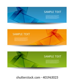 Abstract Header Design or Banner Set – Blue, Orange, and Green Gradient Designs with Sample Text and Geometric Overlays. A set of three horizontal banners featuring abstract geometric overlays and translucent shapes in distinct color schemes. The top banner uses shades of blue, the middle blends orange tones, and the bottom features green gradients. Each layout includes the heading “SAMPLE TEXT” followed by placeholder text in white font. These sleek and visually appealing designs are ideal for use in website headers, promotional visuals, digital presentations, and editorial layouts. Suitable for both commercial and editorial use across print and digital platforms.