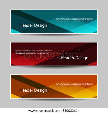 Abstract Header Design or Banner Set – Horizontal Teal, Red, and Orange Designs with Geometric Overlays and Sample Text. A set of three horizontal header banners featuring abstract geometric overlays and translucent shapes in distinct color schemes. The top banner blends teal and dark blue, the middle uses red and maroon tones, and the bottom transitions from orange to yellow. Each layout includes the heading “Header Design” followed by placeholder text in white font. These modern and visually appealing designs are ideal for use in website headers, digital presentations, promotional visuals, and editorial layouts. Suitable for both commercial and editorial use across print and digital platforms.