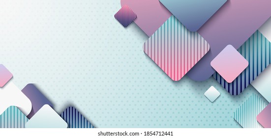 Abstract header design template 3D rounded square overlap with shadow on light blue polka dot background. Vector illustration