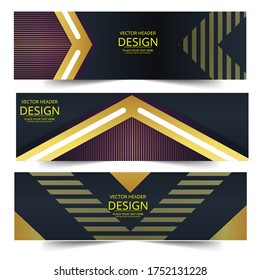 Resumen de cabecera de diseño de vector de forma negro dorado. Resumen de la plantilla web de banner empresarial, publicidad horizontal.