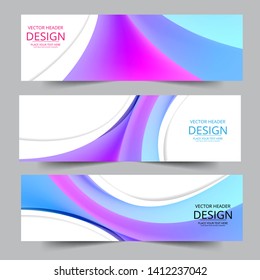 Abstract header purple gradient wave vector design. Abstract swoosh background. Abstract corporate business banner web template, horizontal advertising business banner layout template flat design set.