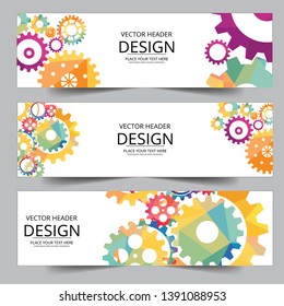 Abstract header web banner techno gear background with geometric colorful gear wheels. Space for gear text. Vector gears modern mechanism industrial concept. Technology gears background. Gears Vector.