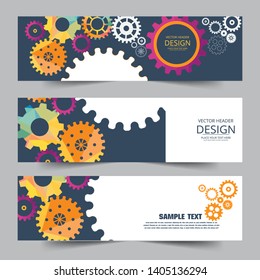 Abstract header web banner techno gear background with geometric colorful gear wheels. Space for gear text. Vector gears modern mechanism industrial concept. Technology gears background. Gears Vector.