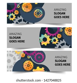 Abstract header web banner techno gear background with geometric colorful gear wheels. Space for gear text. Vector gears modern mechanism industrial concept. Technology gears background. Gears Vector.