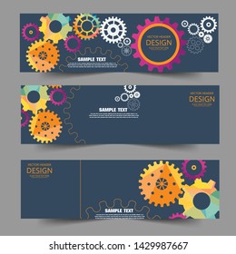 Abstract header web banner techno gear background with geometric colorful gear wheels. Space for gear text. Vector gears modern mechanism industrial concept. Technology gears background. Gears Vector.