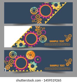 Abstract header web banner techno gear background with geometric colorful gear wheels. Space for gear text. Vector gears modern mechanism industrial concept. Technology gears background. Gears Vector.