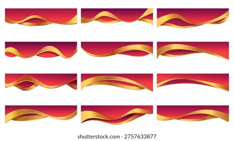 Abstract headers design. Luxury red gold header, corners with waving lines. Decorative elements for invitation, presentation, posters, banners, sapid vector set