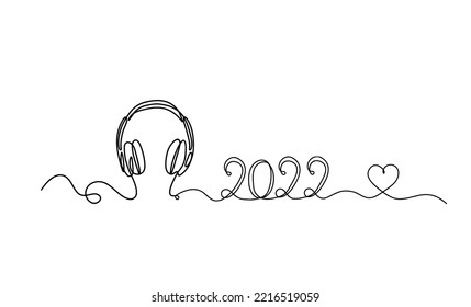 Abstract headphones with 2022 as continuous lines drawing on white background. Vector