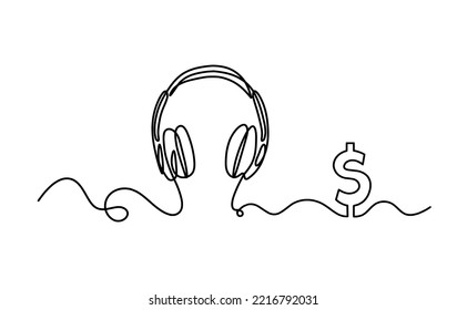 Abstract headphones with dollar as continuous lines drawing on white background. Vector