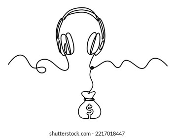 Auriculares abstractos con dólar como líneas continuas dibujando sobre fondo blanco. Vector