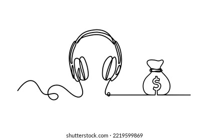 Auriculares abstractos con dólar como líneas continuas dibujando sobre fondo blanco. Vector