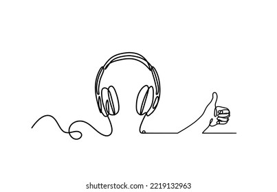 Auriculares abstractos con la mano como líneas continuas dibujando sobre fondo blanco. Vector