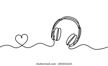 Abstract headphones with heart as continuous lines drawing on white background. Vector