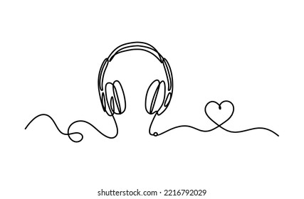 	
Abstract headphones with heart as continuous lines drawing on white background. Vector