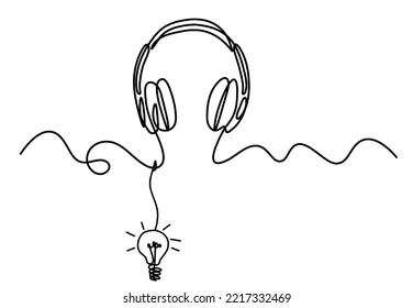 Abstract headphones with Light bulb as continuous lines drawing on white background. Vector
