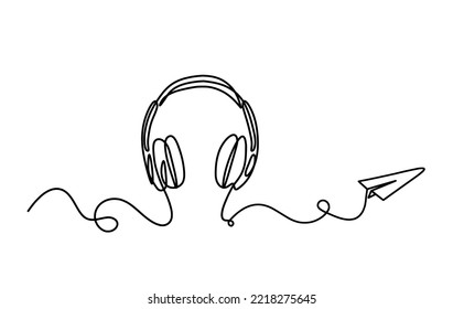 Abstract headphones with paper plane as continuous lines drawing on white background. Vector