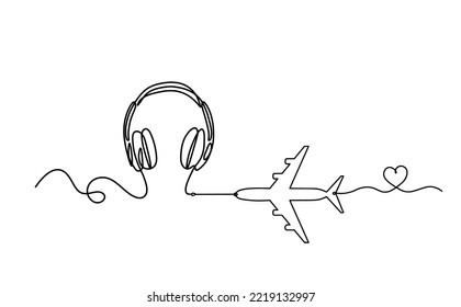 Auriculares abstractos con plano como líneas continuas dibujando sobre fondo blanco. Vector
