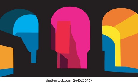 Cabeças abstratas contrastam graficamente contra um fundo escuro
