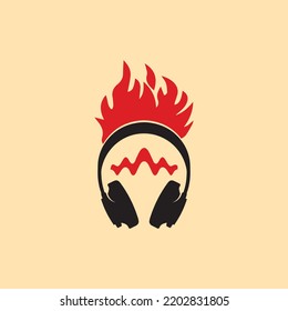 logotipo del icono de la onda de sonido de ataque con auriculares abstractos. combinación vectorial de auriculares con fuego y ondas sonoras. adecuado para el icono del logotipo de la música alta, la música rock y la web.