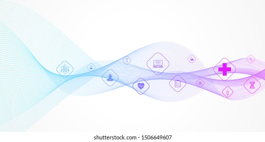 Abstract health care banner template with flat icons. Healthcare medicine concept. Medical innovation technology pharmacy banner. Vector illustration.