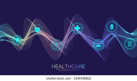 Abstract health care banner template with flat icons. Healthcare medicine concept. Medical innovation technology pharmacy banner. Vector illustration.