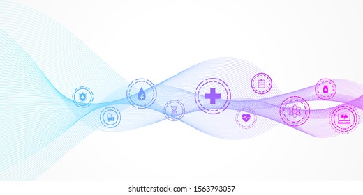 Abstract health care banner template with flat icons. Healthcare medicine concept. Medical innovation technology pharmacy banner. Vector illustration.