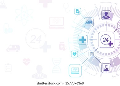 Abstract health care banner template with flat icons. Healthcare medicine concept. Medical innovation technology pharmacy banner. Vector illustration.