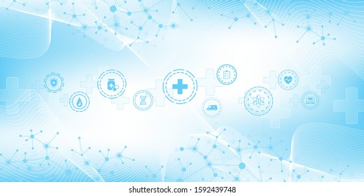 Abstract health care banner template with flat icons. Healthcare medicine concept. Medical innovation technology pharmacy banner. Vector illustration.
