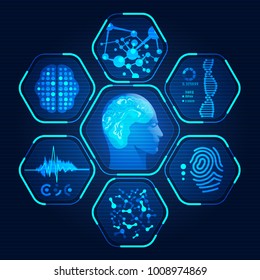 abstract health care technology; analysis of human’s body parts with digital science interface comprising with brain x-ray, fingerprint, dna and pulse signal