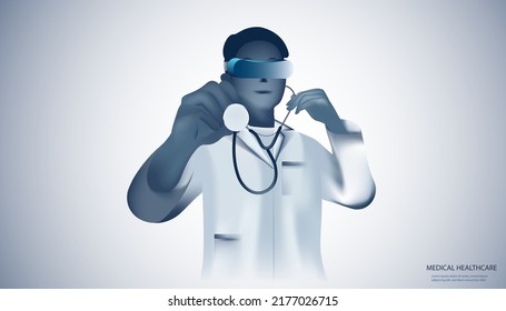 Abstract health consist doctor white with stethoscope and VR Glasses digital technology concept telemedicine online doctor modern medical technology,Treatment,medicine on hi tech future background. 