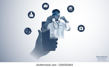 Abstract health consist doctor white mesh with stethoscope and VR Glasses and hand holding a phone digital technology concept telemedicine online doctor modern medical technology,Treatment,medicine