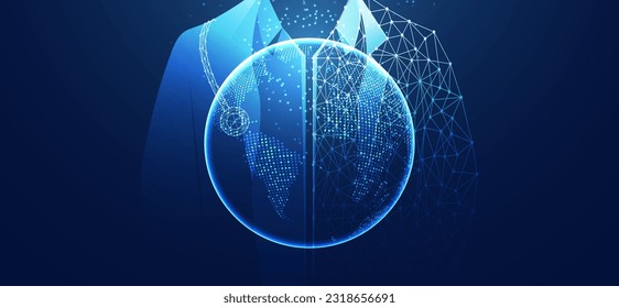 Abstract Health, Doctor and Earth. Medical care concept. Medicine. Treatment. On blue background. Modern. Futuristic.