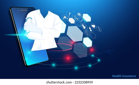 Abstract health healthcare icons and phone health plus treatment and doctor holding stethoscope concept treatment or online clinic health insurance