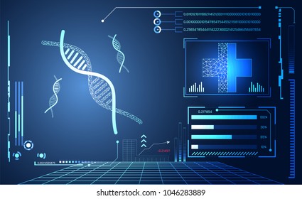 Abstract health hud ui interface element of medical science consist DNA innovation digital technology concept modern future medical healthcare,Treatment,medicine on hi tech future blue background.
