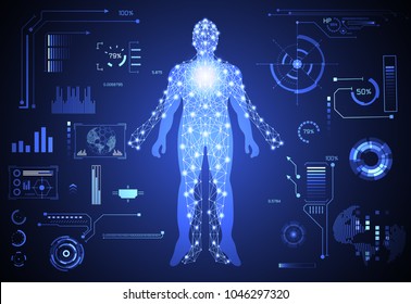 Abstract health hud ui interface element of medical science consist human digital technology concept modern future medical healthcare,Treatment,medicine on hi tech future blue background.