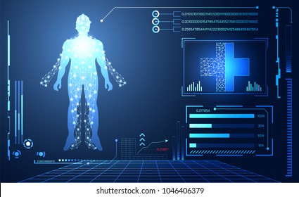 Abstract health hud ui interface element of medical science consist human digital technology concept modern future medical healthcare,Treatment,medicine on hi tech future blue background.