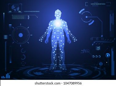 Abstract health hud ui interface element of medical science consist human digital technology concept modern future medical healthcare,Treatment,medicine on hi tech future blue background.