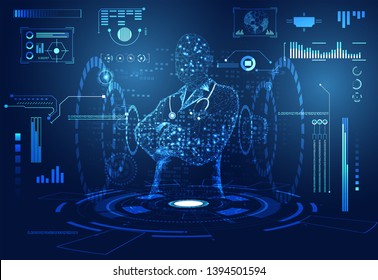 abstract health medical science consist doctor digital futuristic virtual hologram treatment,medicine and communication system link connection on  hi tech blue background.Vector 