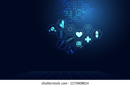 Abstract Health Medical Science Healthcare Icon Digital Technology Science Concept Modern Innovation,Treatment,medicine On Hi Tech Future Blue Background. For Wallpaper, Template, Web Design