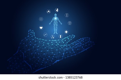 Abstract Health Medical Science Healthcare Icon Digital Technology  Hand Wireframe On Hi Tech Future Blue Background.