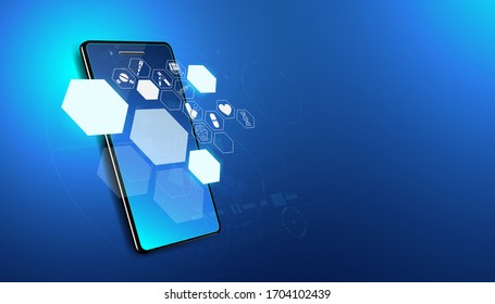 Abstract Health Medical Science Healthcare Icon Digital Technology Science On Smartphone Concept Modern Innovation,Treatment,medicine On Hi Tech Future Blue Background.