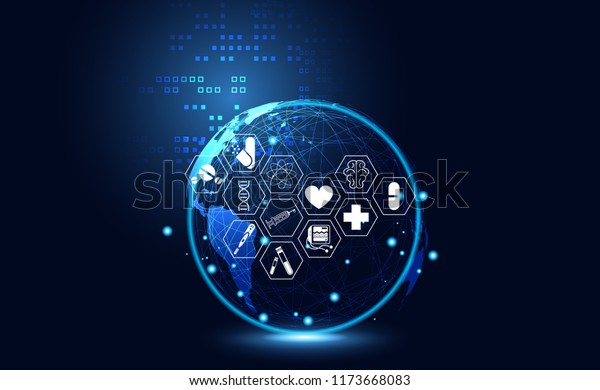 抽象的な医療科学の医療アイコンデジタルテクノロジーの世界コンセプト 現代の革新 治療 未来のハイテク青の背景の医療 壁紙 テンプレート ウェブデザイン用 のベクター画像素材 ロイヤリティフリー